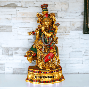 Brass krishna with cow