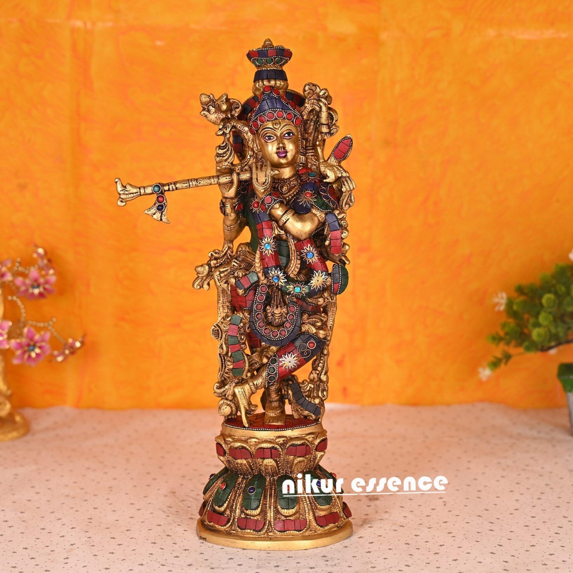 Online buy Krishna Brass Statue | krishna with Stone work | stone work krishna -18 inch Nikuressence