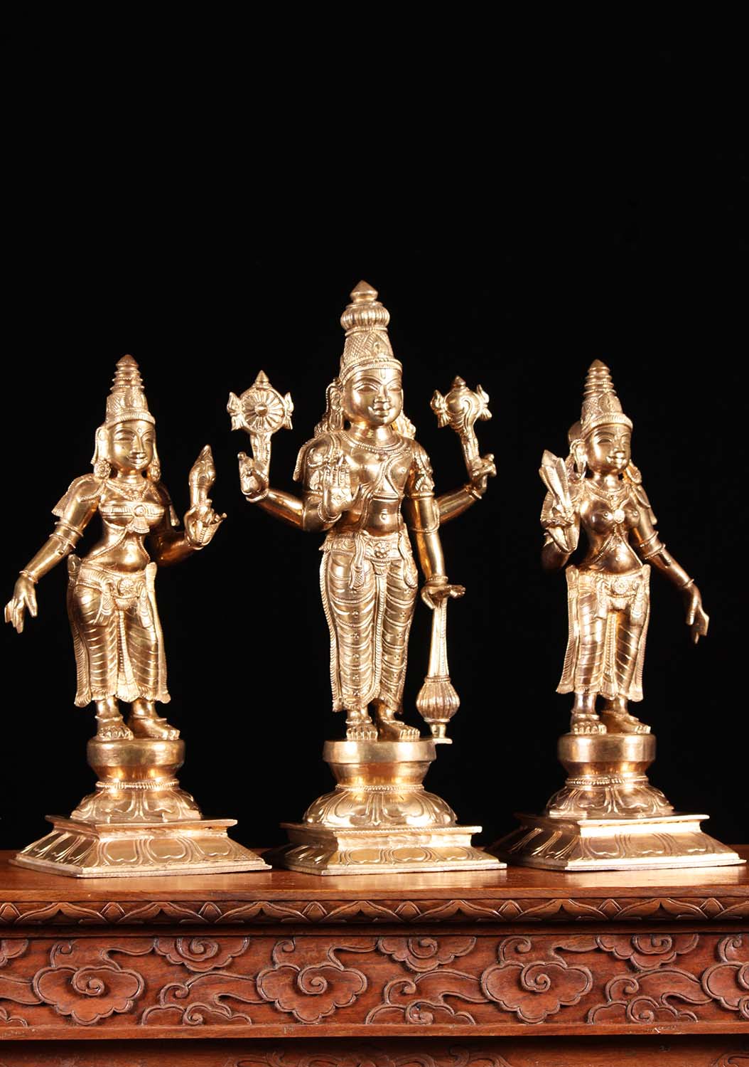 Vishnu with Sri Devi and Bhu Devi standing Panchaloha idol - 12 inches Nikuressence
