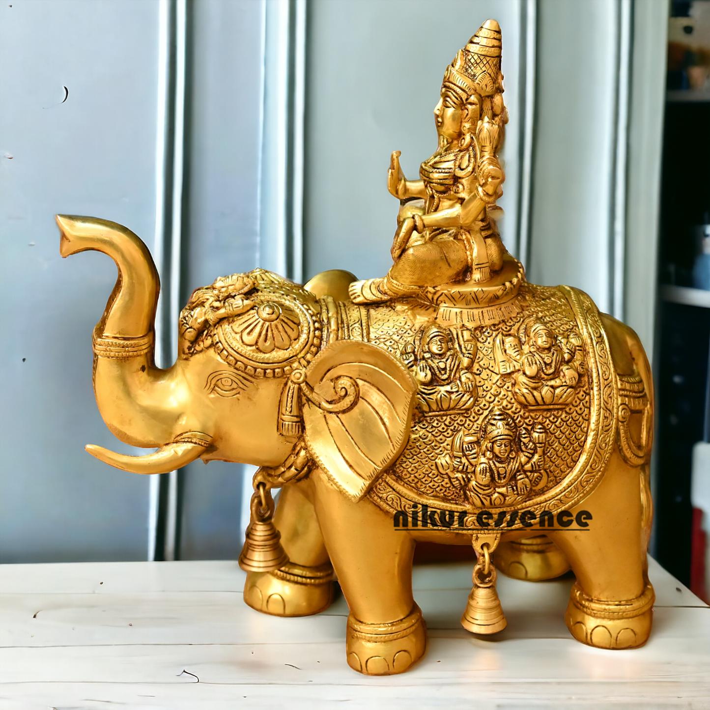 Buy Bass Statue of Lakshmi Seated Gracefully on an Elephant with Trunk Raised – Symbol of Prosperity, Abundance, and Divine Blessings Nikuressence