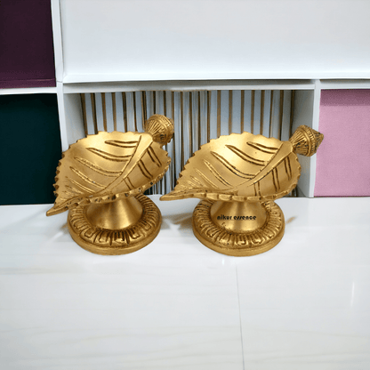 Buy Pure Brass 2 Pair Leaf Diya by Nikur Essence - 14 cm Nikuressence