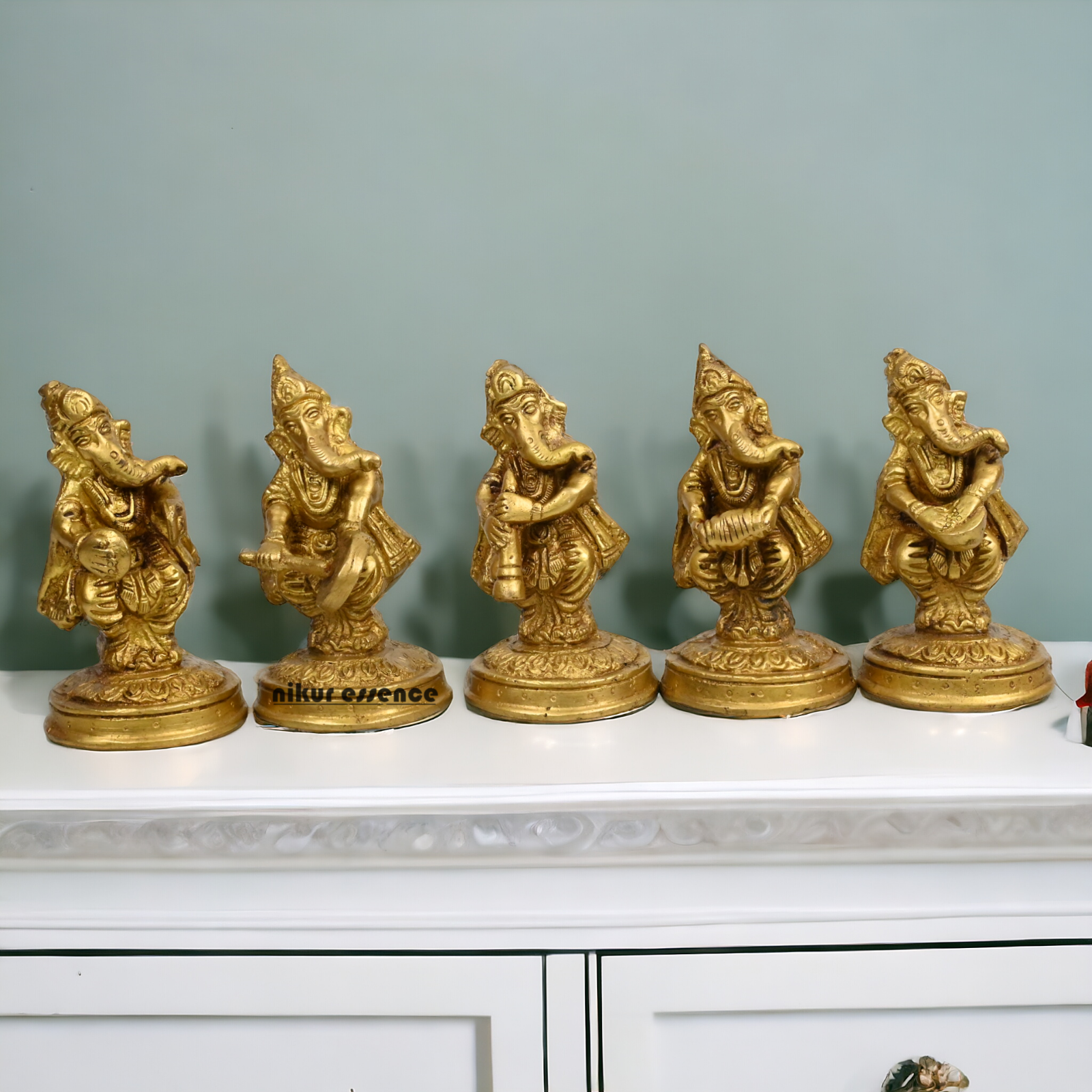 Solid Brass 5 Ganesh musician Idol by Nikur Essence - 4 inches height Nikuressence