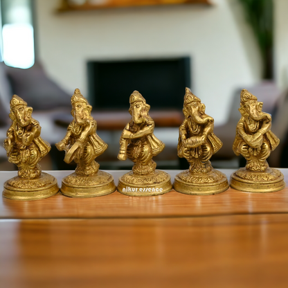 Solid Brass 5 Ganesh musician Idol by Nikur Essence - 4 inches height Nikuressence