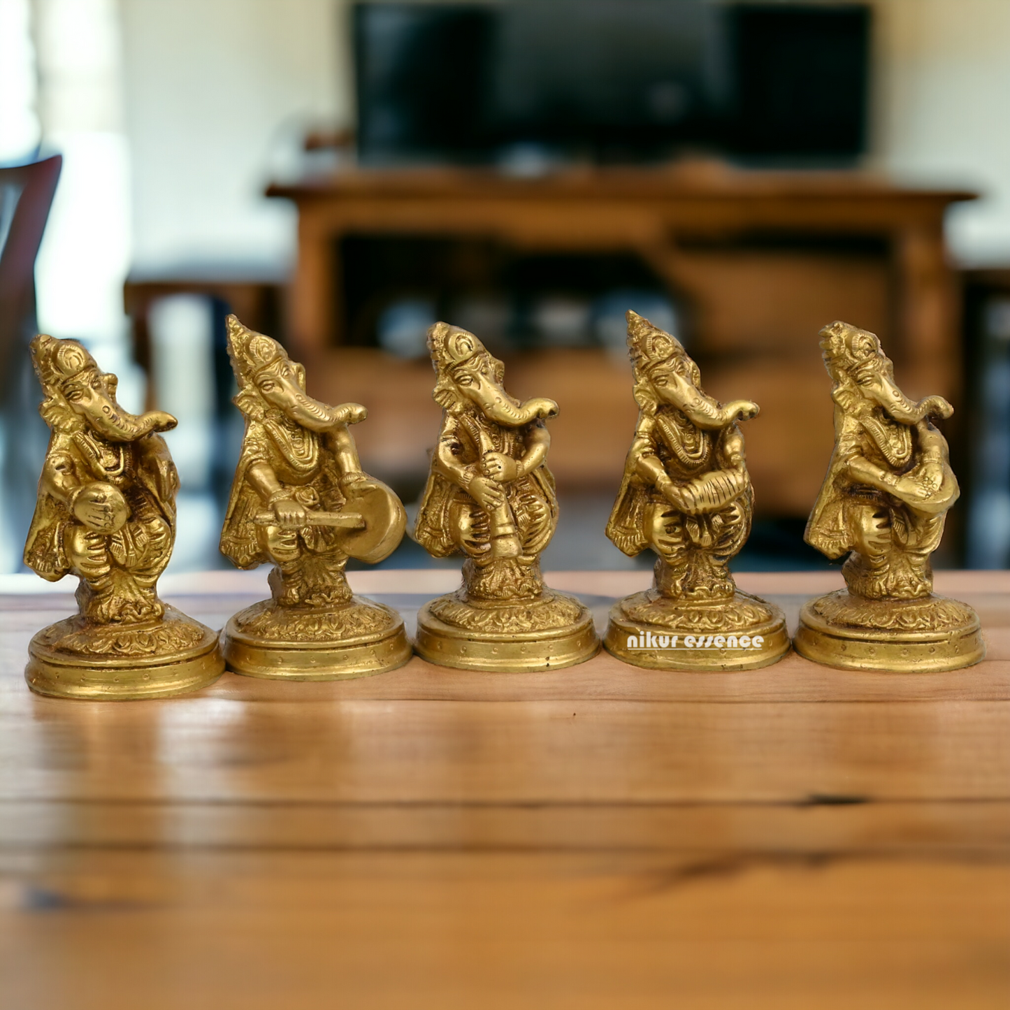 Solid Brass 5 Ganesh musician Idol by Nikur Essence - 4 inches height Nikuressence