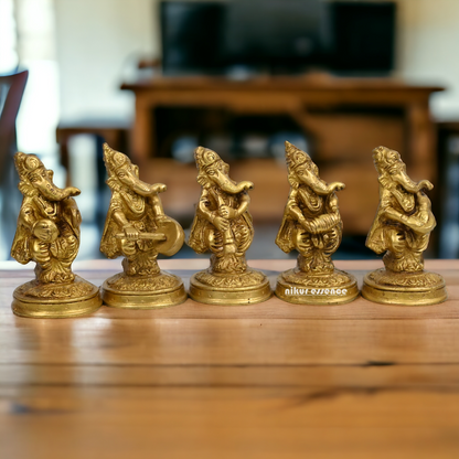 Solid Brass 5 Ganesh musician Idol by Nikur Essence - 4 inches height Nikuressence