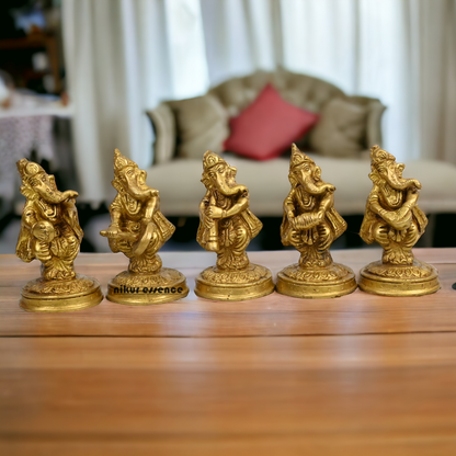 Solid Brass 5 Ganesh musician Idol by Nikur Essence - 4 inches height Nikuressence