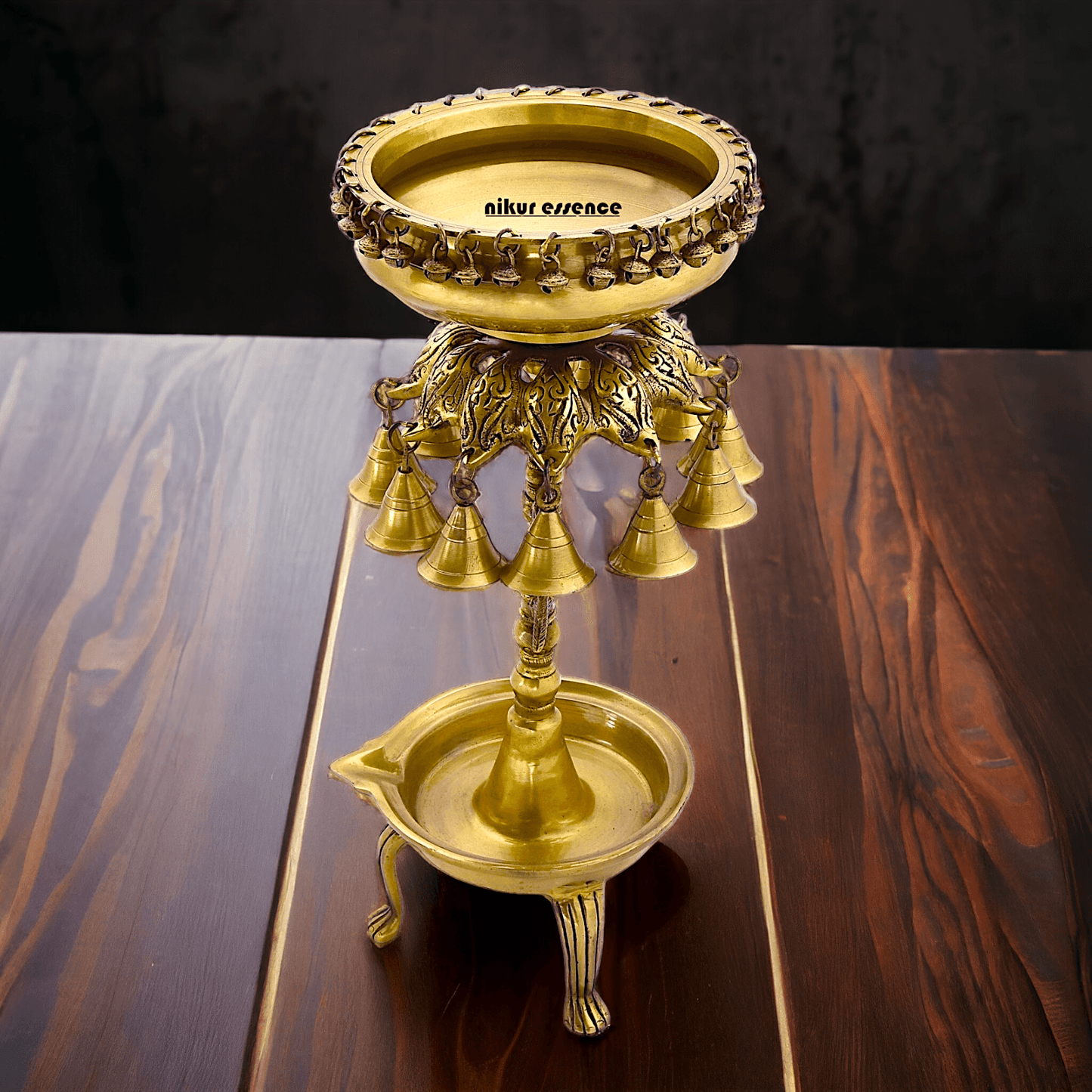 Buy Online Brass Bells Urli with Diya Stand – Elegant 50 cm Traditional Indian Decorative Piece for Home, Office, and Temple Altar Nikuressence