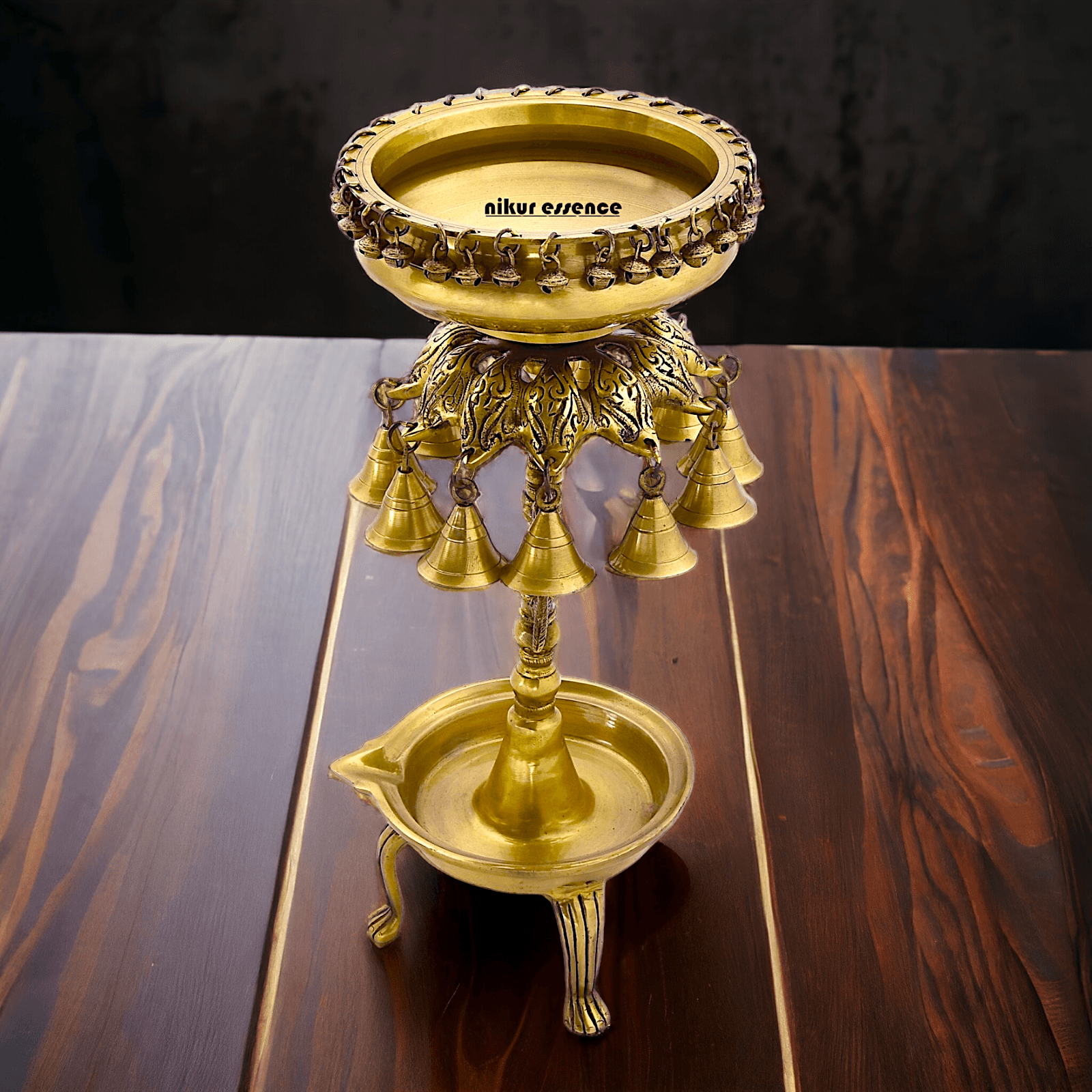 Buy Online Brass Bells Urli with Diya Stand – Elegant 50 cm Traditional Indian Decorative Piece for Home, Office, and Temple Altar Nikuressence