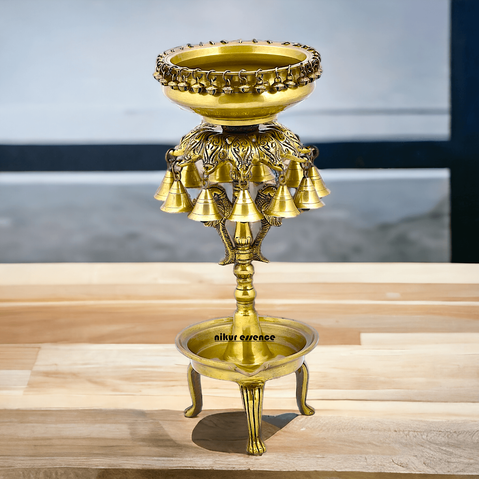 Buy Online Brass Bells Urli with Diya Stand – Elegant 50 cm Traditional Indian Decorative Piece for Home, Office, and Temple Altar Nikuressence