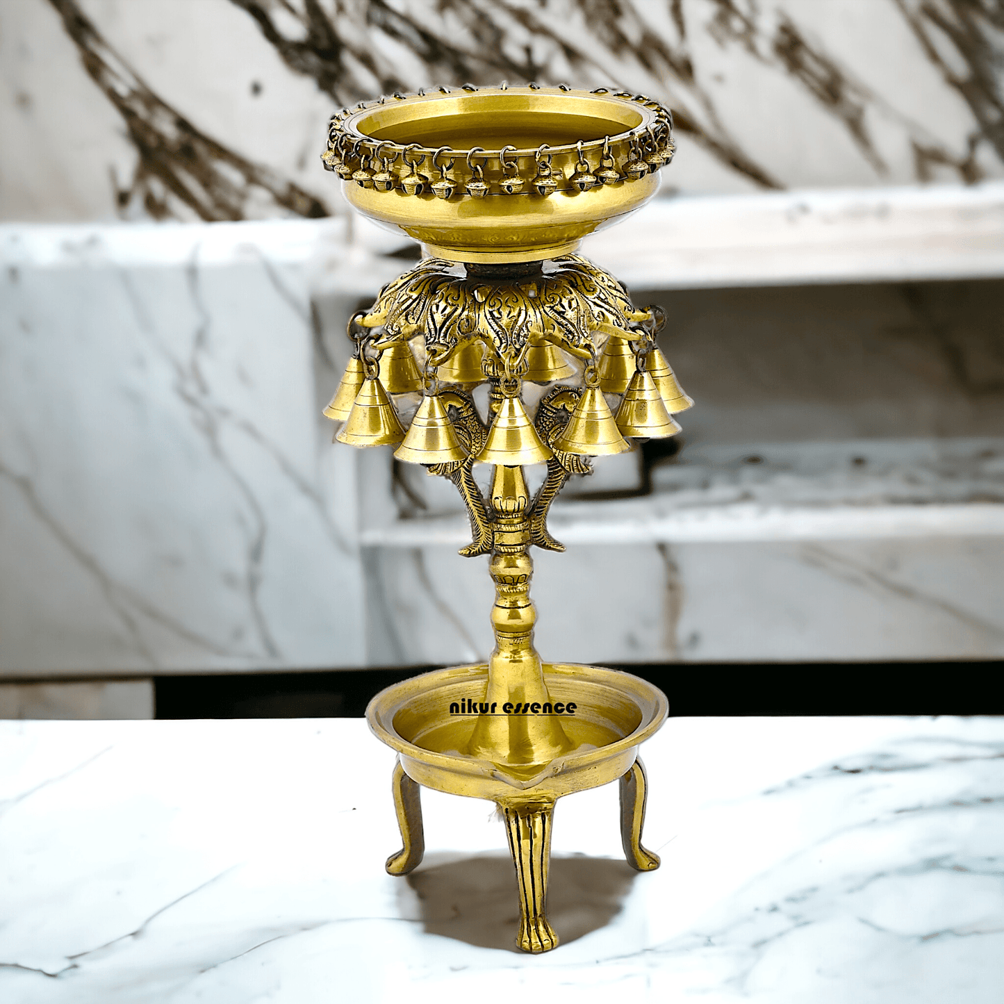 Buy Online Brass Bells Urli with Diya Stand – Elegant 50 cm Traditional Indian Decorative Piece for Home, Office, and Temple Altar Nikuressence