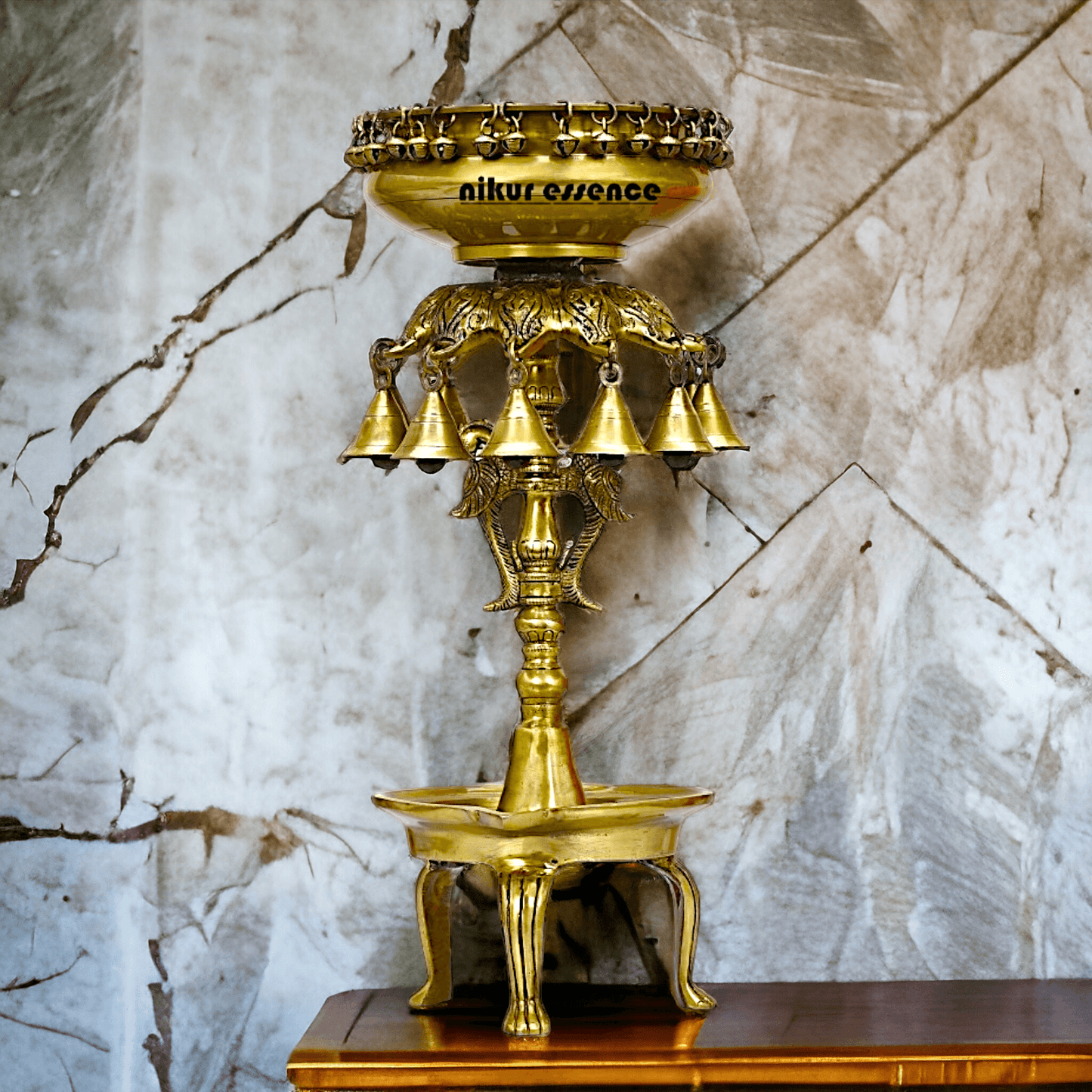 Buy Online Brass Bells Urli with Diya Stand – Elegant 50 cm Traditional Indian Decorative Piece for Home, Office, and Temple Altar Nikuressence