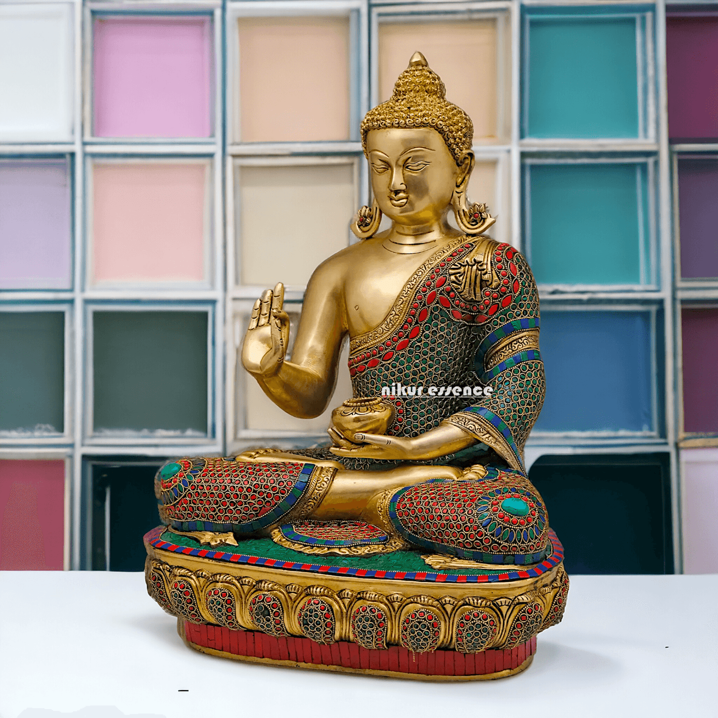 Online buy Brass Buddha Preaching His Dharma with Intricate Inlay Work - 56 cm Nikuressence