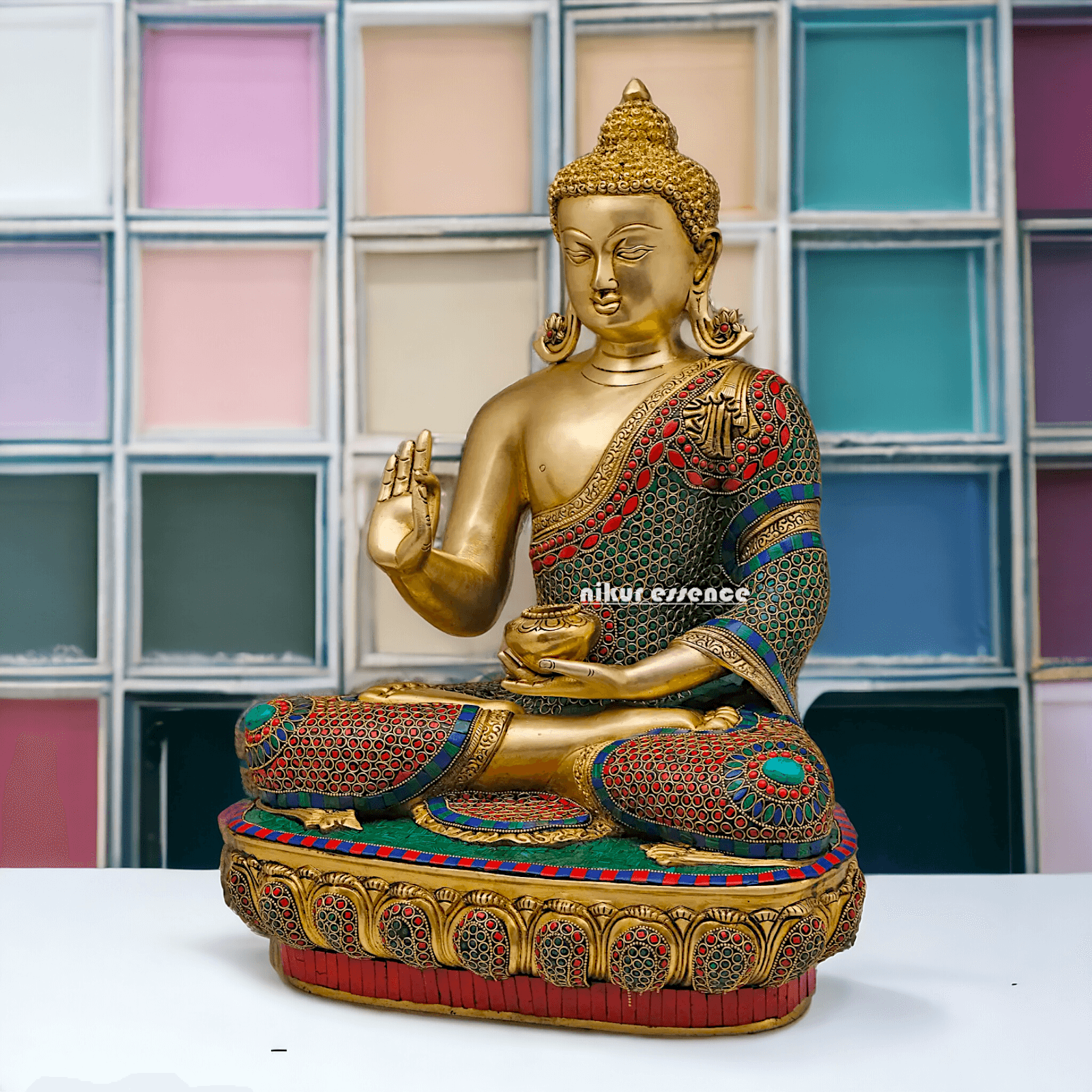 Online buy Brass Buddha Preaching His Dharma with Intricate Inlay Work - 56 cm Nikuressence