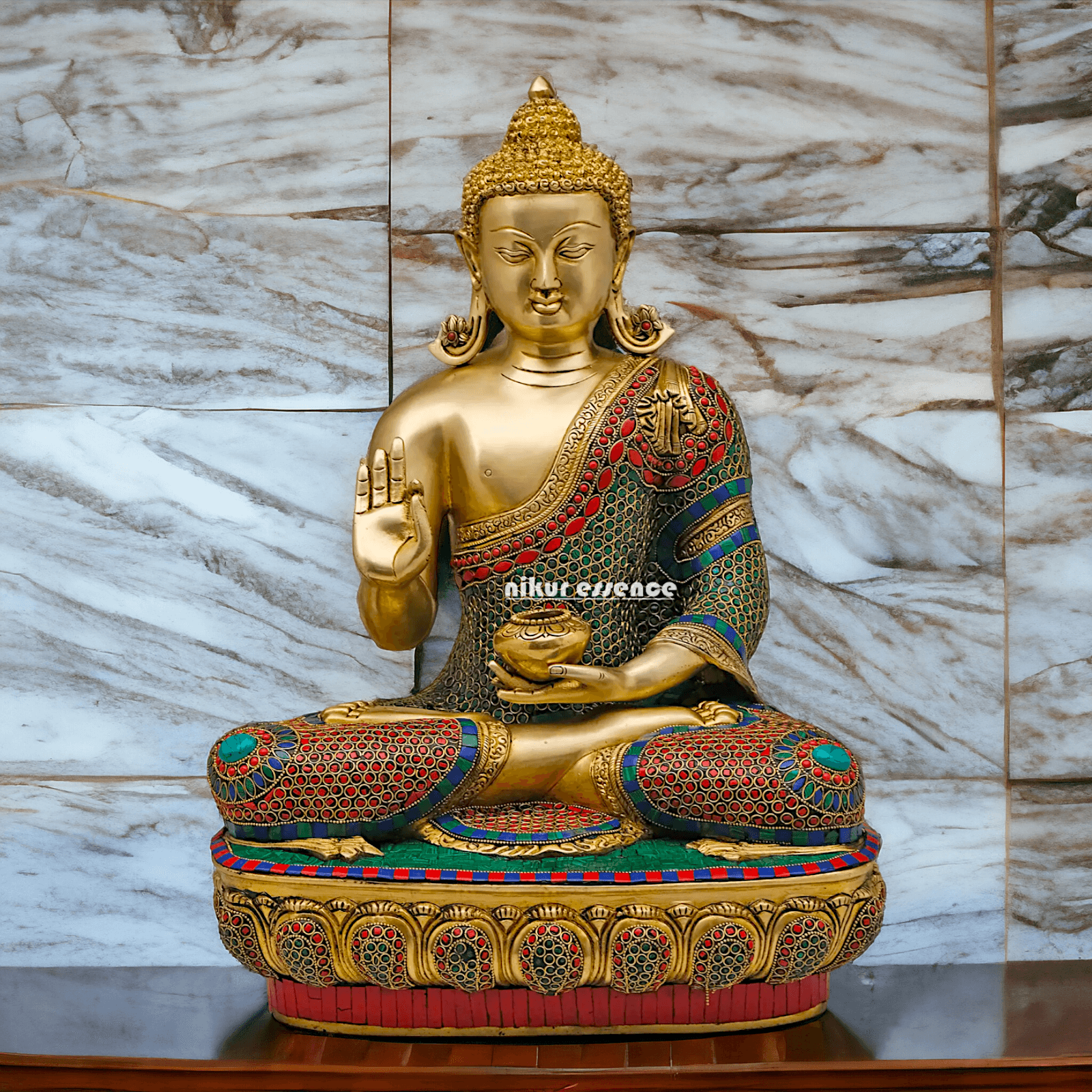Online buy Brass Buddha Preaching His Dharma with Intricate Inlay Work - 56 cm Nikuressence