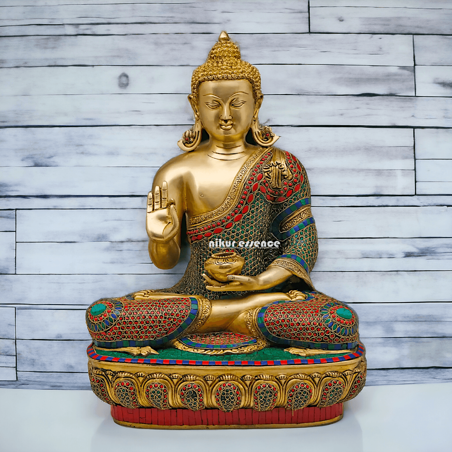 Online buy Brass Buddha Preaching His Dharma with Intricate Inlay Work - 56 cm Nikuressence