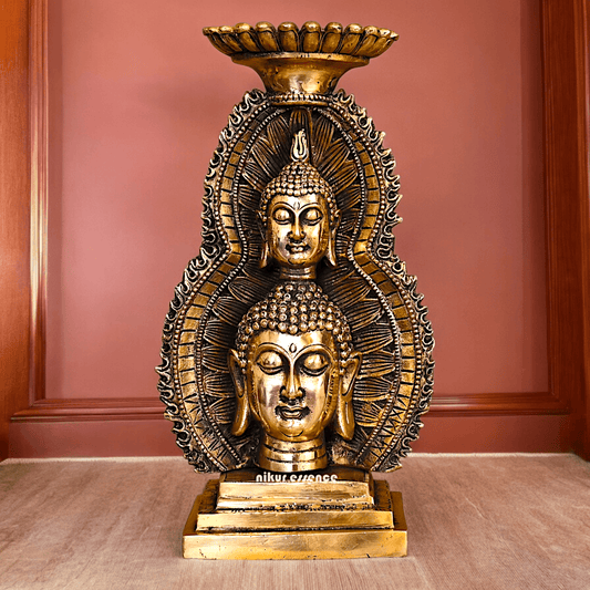 Solid brass 11.8 Inch Buddha Head Candle Holder - Elegant Handcrafted Decorative Piece for Spiritual and Home Decor - Nikur Essence Collection Nikuressence