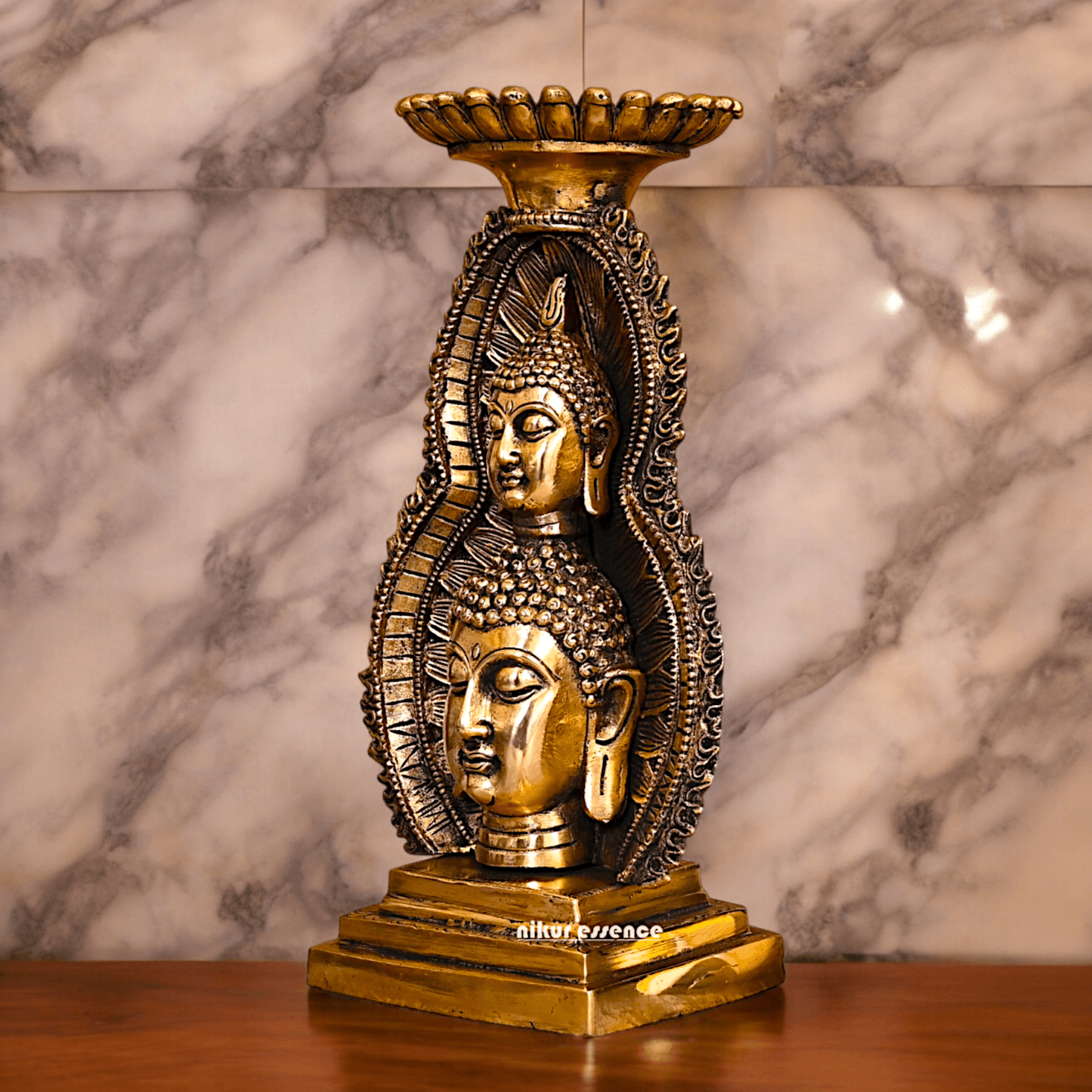 Solid brass 11.8 Inch Buddha Head Candle Holder - Elegant Handcrafted Decorative Piece for Spiritual and Home Decor - Nikur Essence Collection Nikuressence