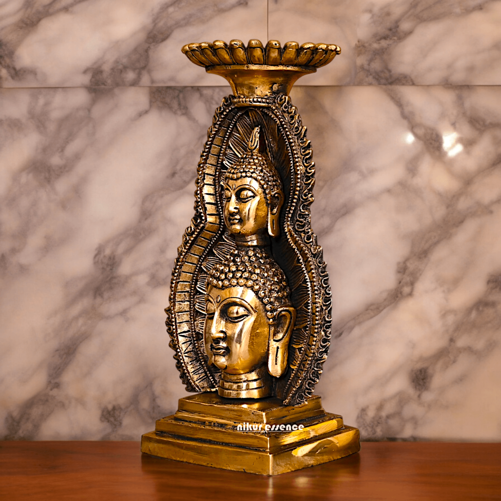 Solid brass 11.8 Inch Buddha Head Candle Holder - Elegant Handcrafted Decorative Piece for Spiritual and Home Decor - Nikur Essence Collection Nikuressence