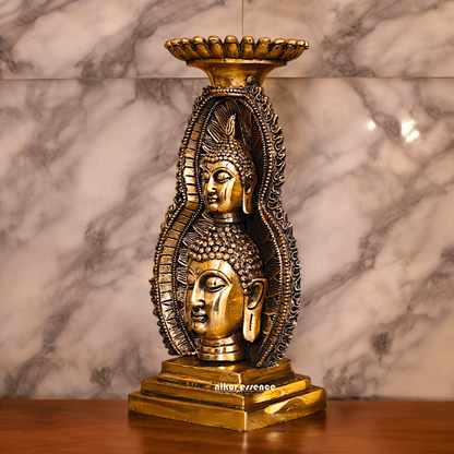 Solid brass 11.8 Inch Buddha Head Candle Holder - Elegant Handcrafted Decorative Piece for Spiritual and Home Decor - Nikur Essence Collection Nikuressence