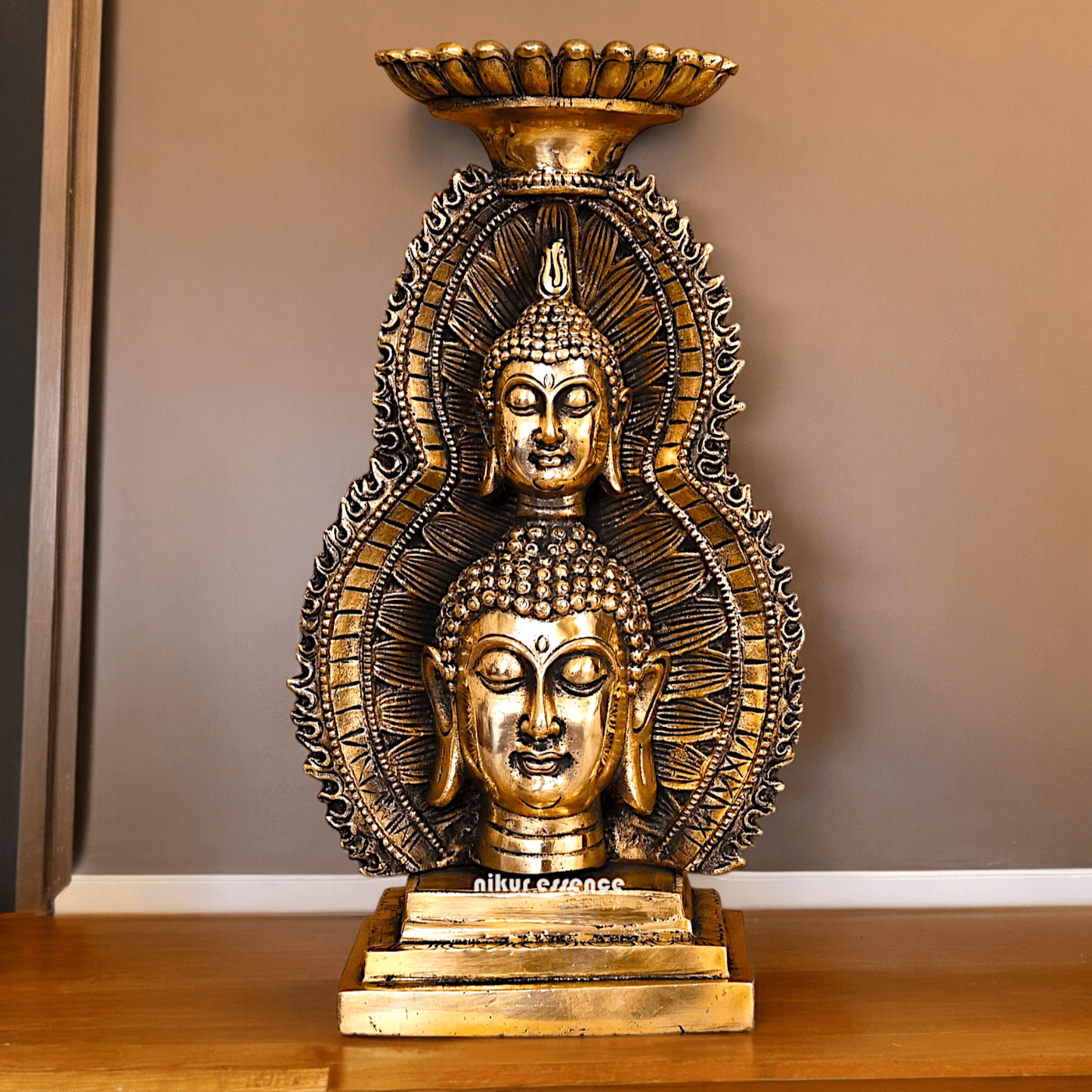 Solid brass 11.8 Inch Buddha Head Candle Holder - Elegant Handcrafted Decorative Piece for Spiritual and Home Decor - Nikur Essence Collection Nikuressence