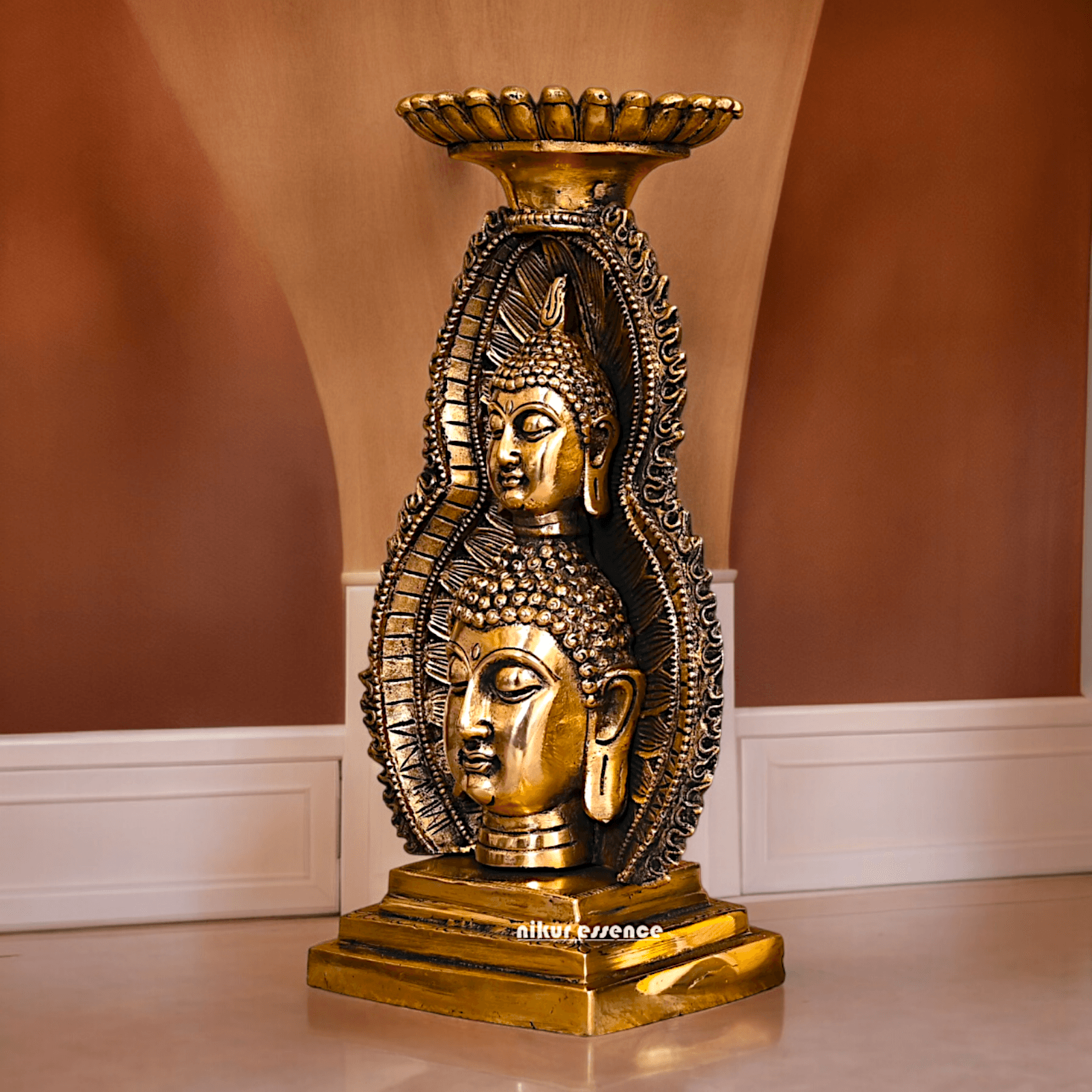 Solid brass 11.8 Inch Buddha Head Candle Holder - Elegant Handcrafted Decorative Piece for Spiritual and Home Decor - Nikur Essence Collection Nikuressence