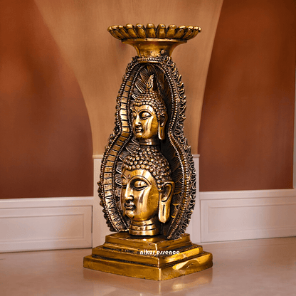Solid brass 11.8 Inch Buddha Head Candle Holder - Elegant Handcrafted Decorative Piece for Spiritual and Home Decor - Nikur Essence Collection Nikuressence