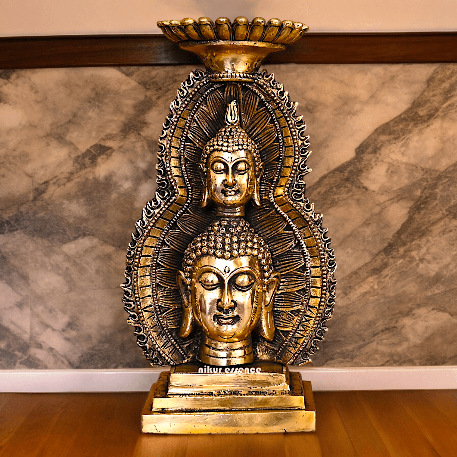 Solid brass 11.8 Inch Buddha Head Candle Holder - Elegant Handcrafted Decorative Piece for Spiritual and Home Decor - Nikur Essence Collection Nikuressence