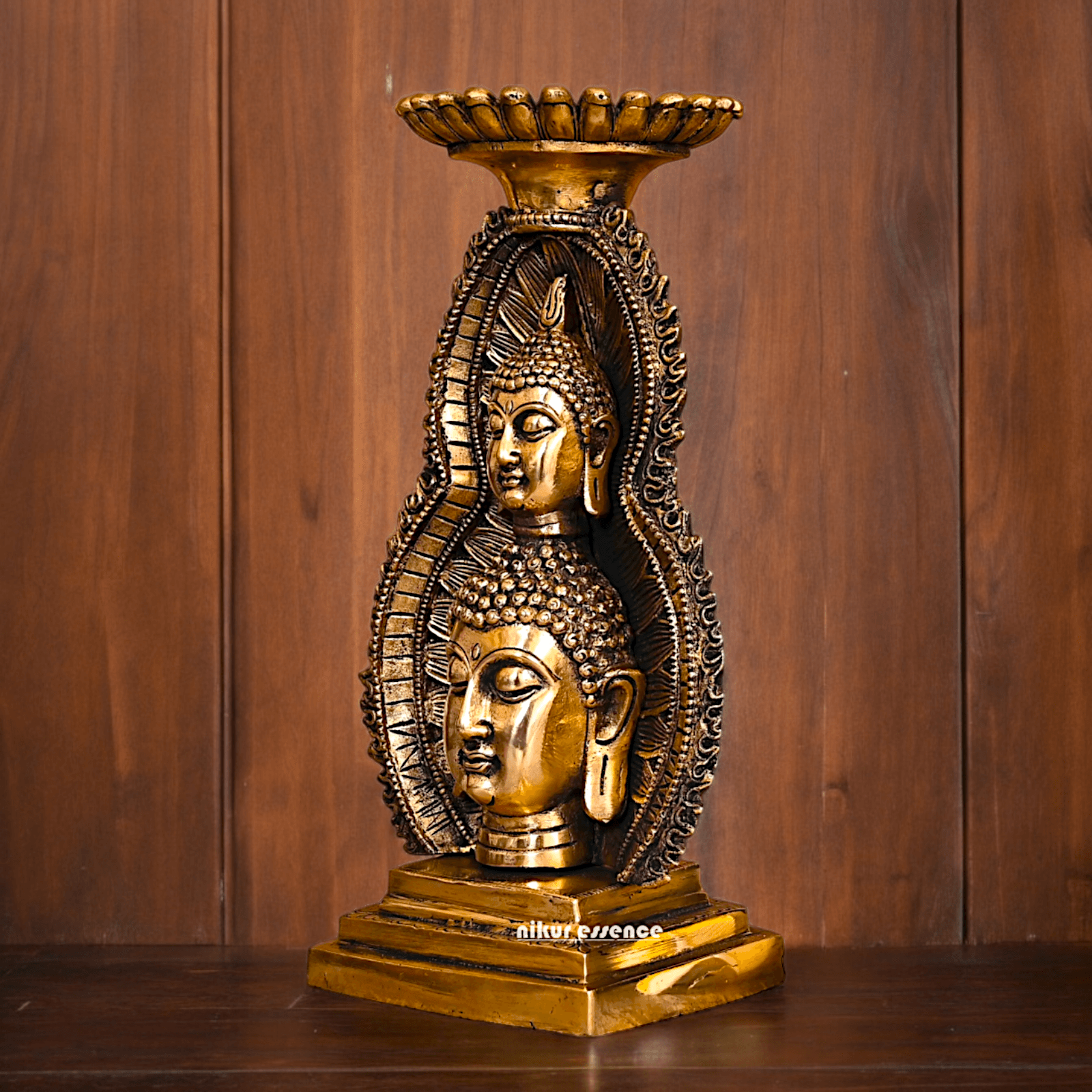 Solid brass 11.8 Inch Buddha Head Candle Holder - Elegant Handcrafted Decorative Piece for Spiritual and Home Decor - Nikur Essence Collection Nikuressence