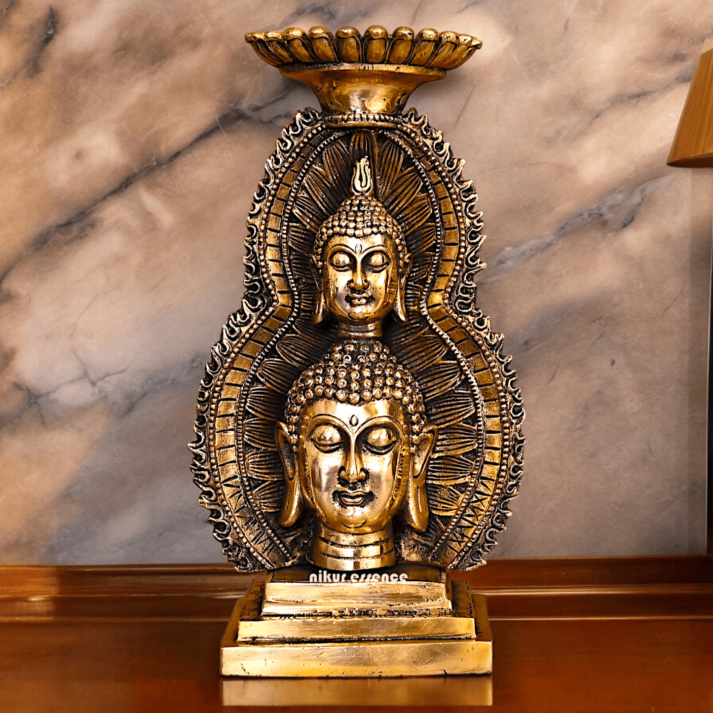 Solid brass 11.8 Inch Buddha Head Candle Holder - Elegant Handcrafted Decorative Piece for Spiritual and Home Decor - Nikur Essence Collection Nikuressence