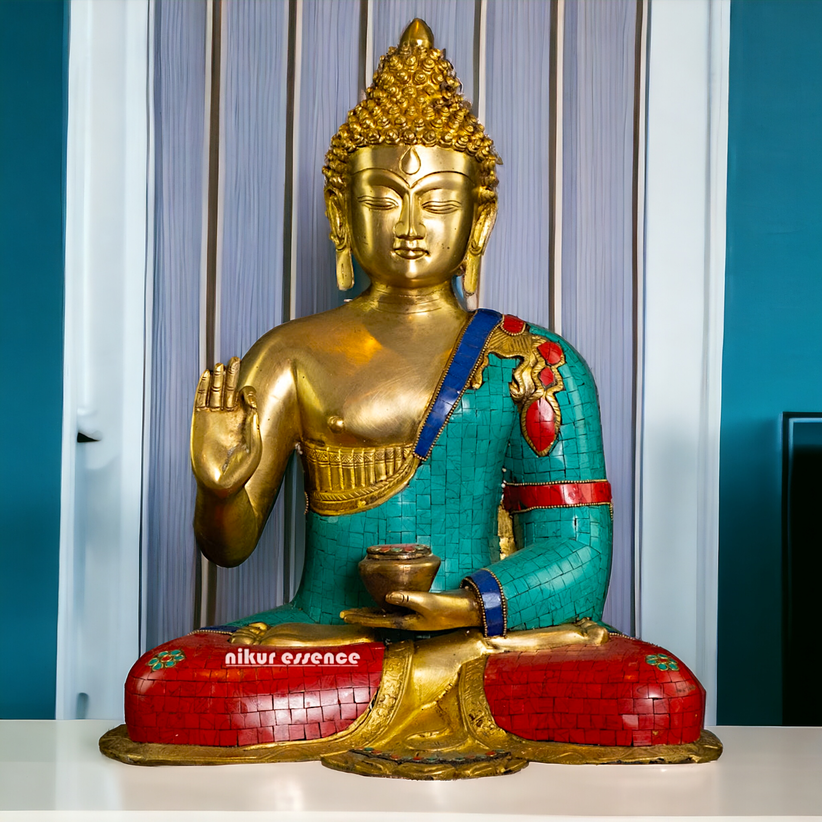 Buy Online Brass Buddha Statue in Vitarka Mudra with Intricate Robe Inlay Work – Ideal for Meditation, Home Décor Nikuressence