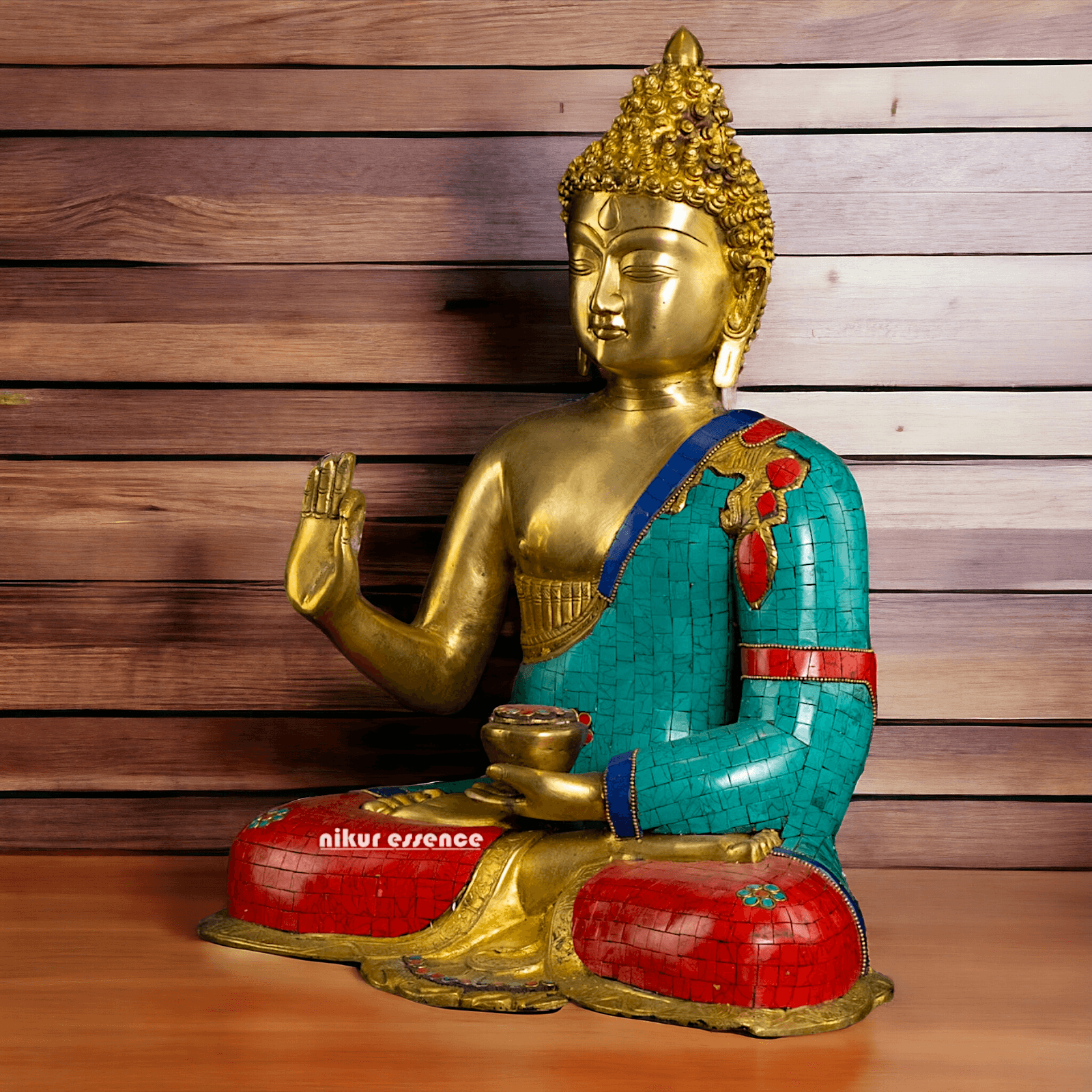Buy Online Brass Buddha Statue in Vitarka Mudra with Intricate Robe Inlay Work – Ideal for Meditation, Home Décor Nikuressence