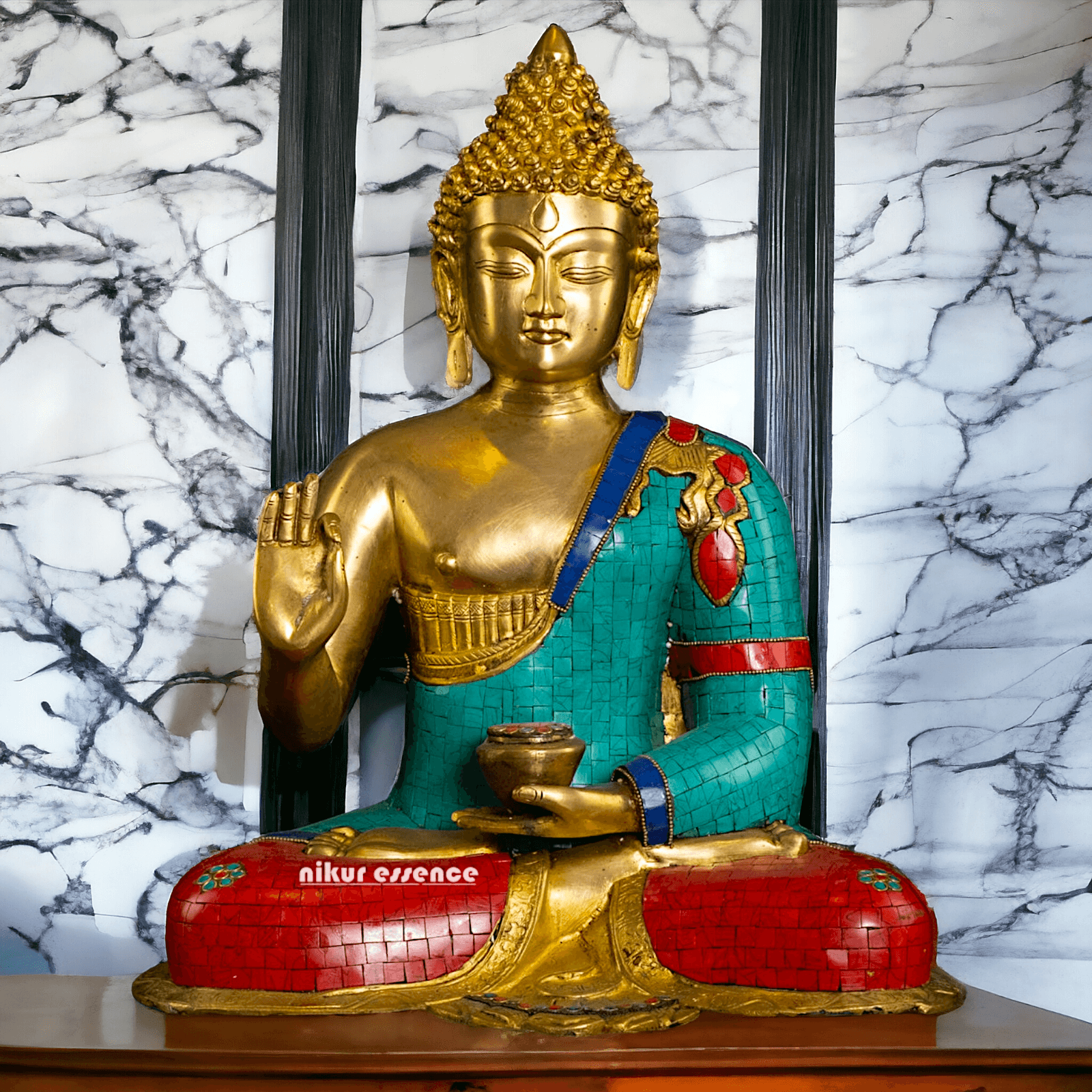 Buy Online Brass Buddha Statue in Vitarka Mudra with Intricate Robe Inlay Work – Ideal for Meditation, Home Décor Nikuressence