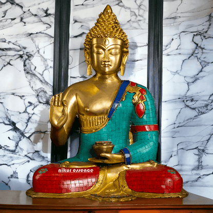 Buy Online Brass Buddha Statue in Vitarka Mudra with Intricate Robe Inlay Work – Ideal for Meditation, Home Décor Nikuressence