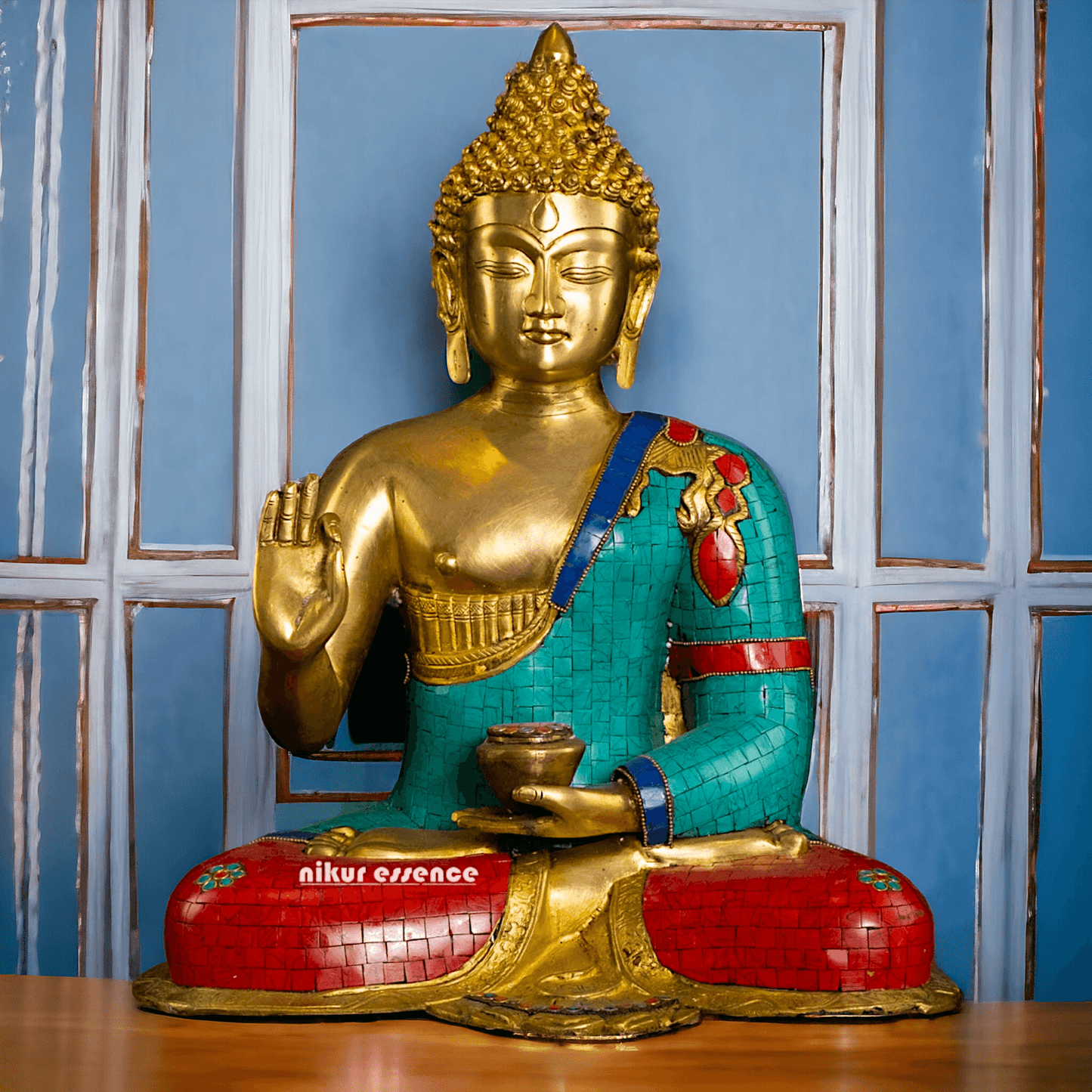 Buy Online Brass Buddha Statue in Vitarka Mudra with Intricate Robe Inlay Work – Ideal for Meditation, Home Décor Nikuressence