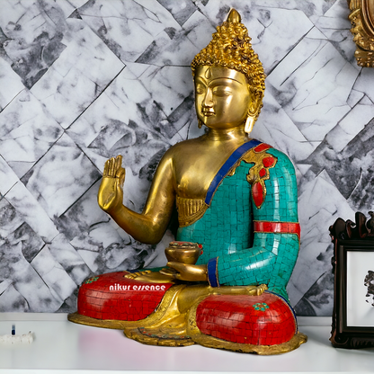 Buy Online Brass Buddha Statue in Vitarka Mudra with Intricate Robe Inlay Work – Ideal for Meditation, Home Décor Nikuressence