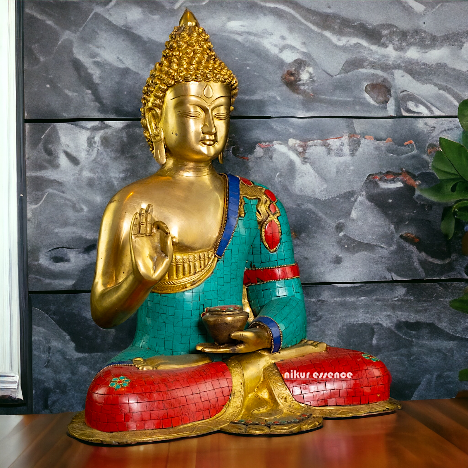 Buy Online Brass Buddha Statue in Vitarka Mudra with Intricate Robe Inlay Work – Ideal for Meditation, Home Décor Nikuressence