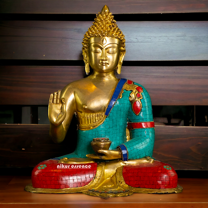 Buy Online Brass Buddha Statue in Vitarka Mudra with Intricate Robe Inlay Work – Ideal for Meditation, Home Décor Nikuressence