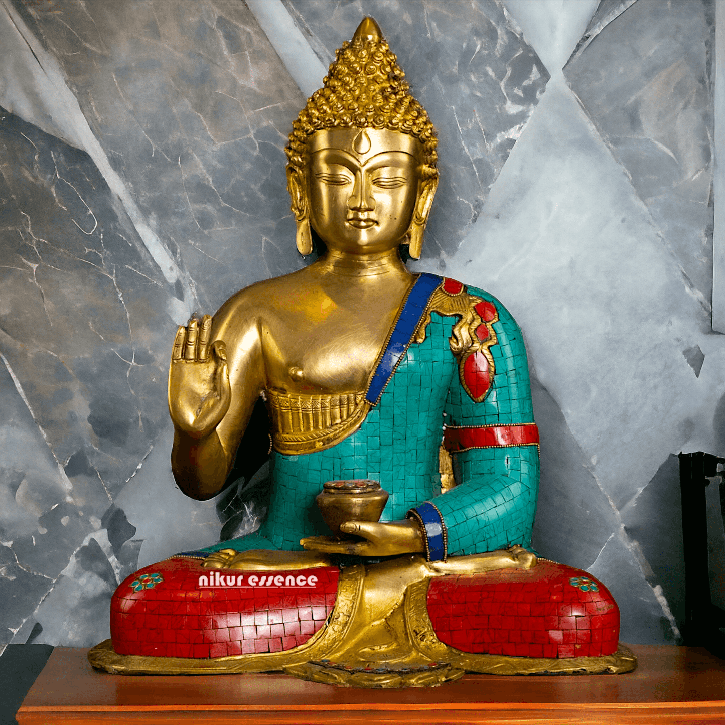 Buy Online Brass Buddha Statue in Vitarka Mudra with Intricate Robe Inlay Work – Ideal for Meditation, Home Décor Nikuressence