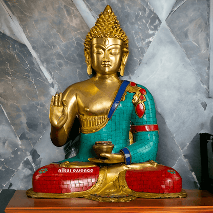 Buy Online Brass Buddha Statue in Vitarka Mudra with Intricate Robe Inlay Work – Ideal for Meditation, Home Décor Nikuressence