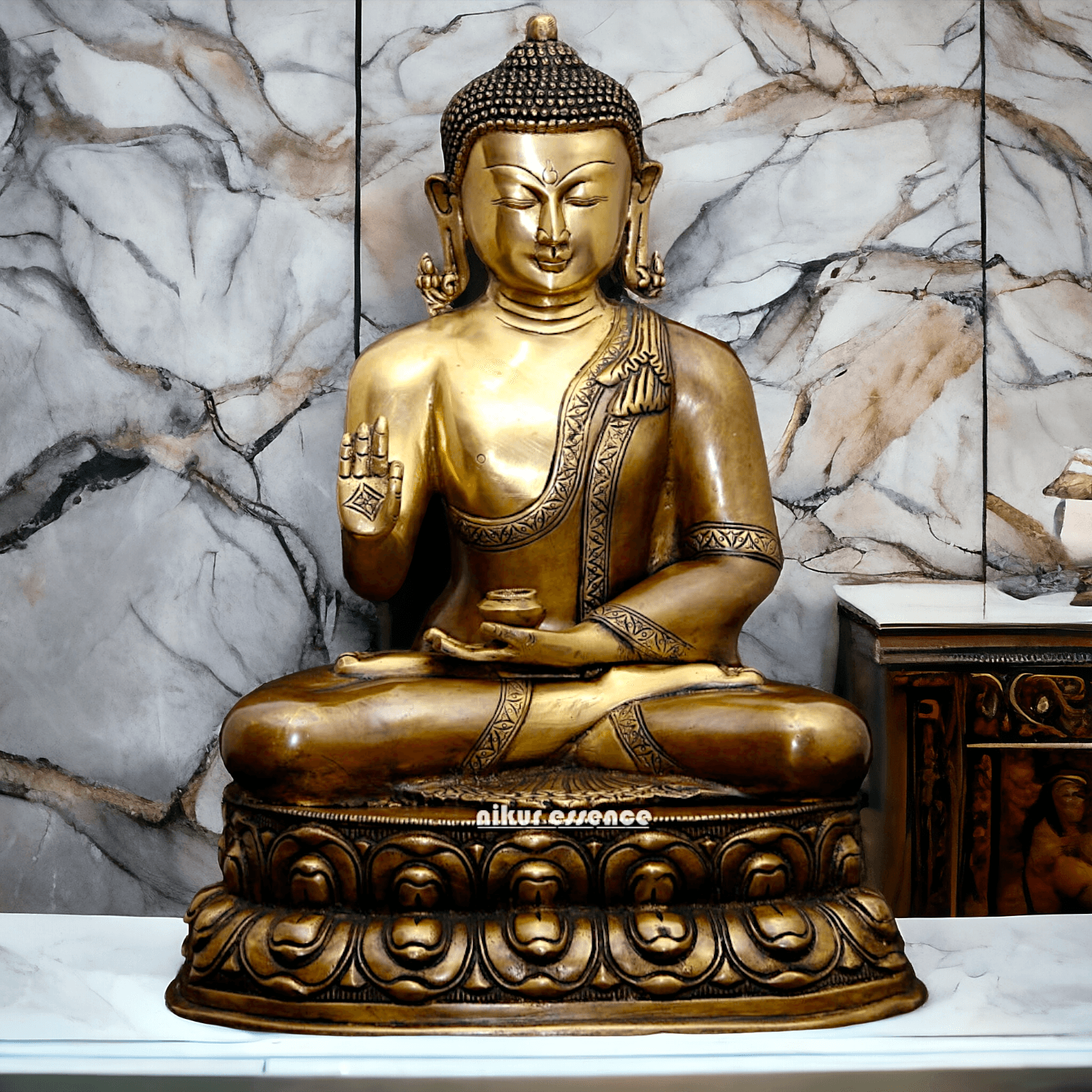Buy Buddha Statue in brass ,Vitarka Mudra Seated on Double Lotus Pedestal – Exquisite Handcrafted Sculpture for Meditation Nikuressence