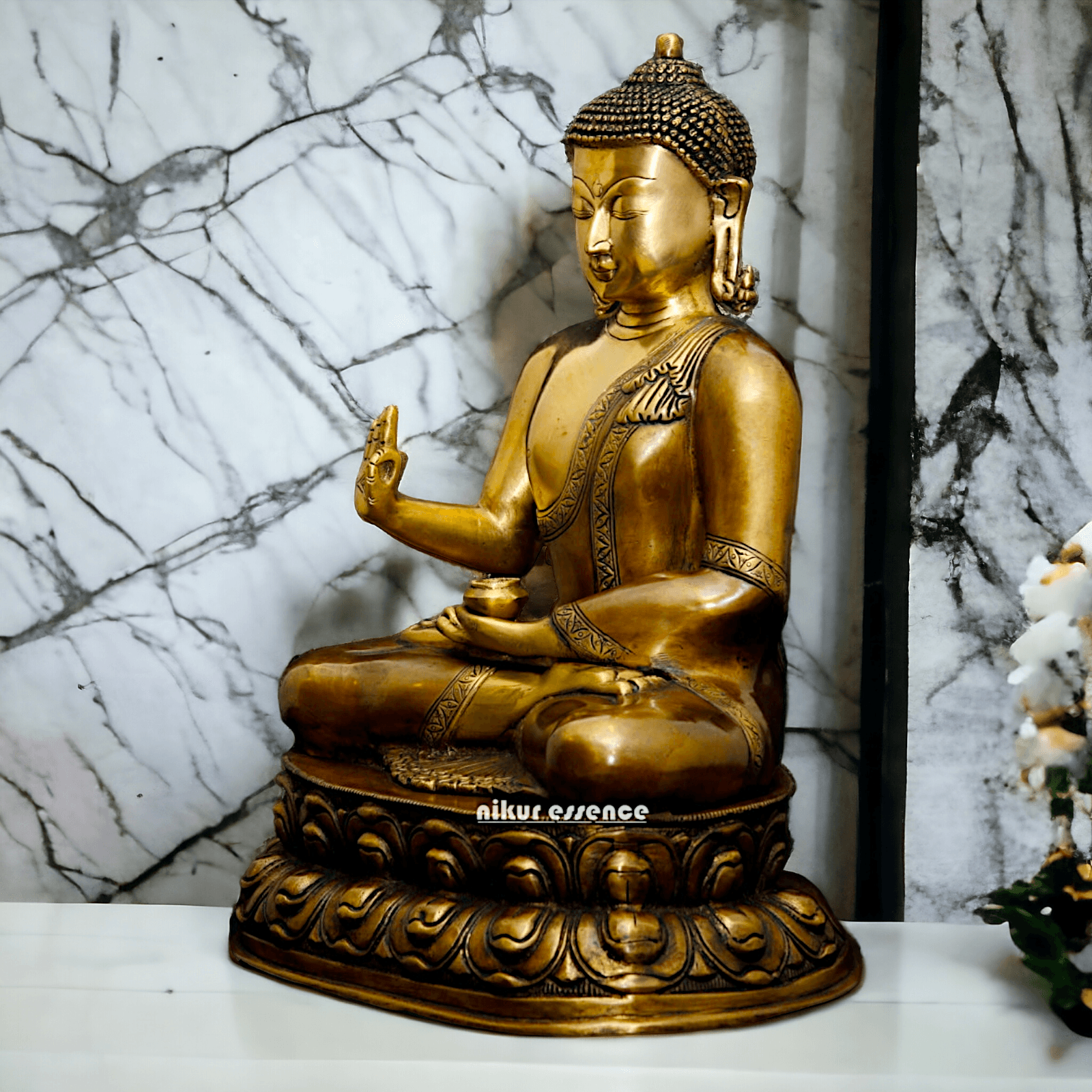Buy Buddha Statue in brass ,Vitarka Mudra Seated on Double Lotus Pedestal – Exquisite Handcrafted Sculpture for Meditation Nikuressence