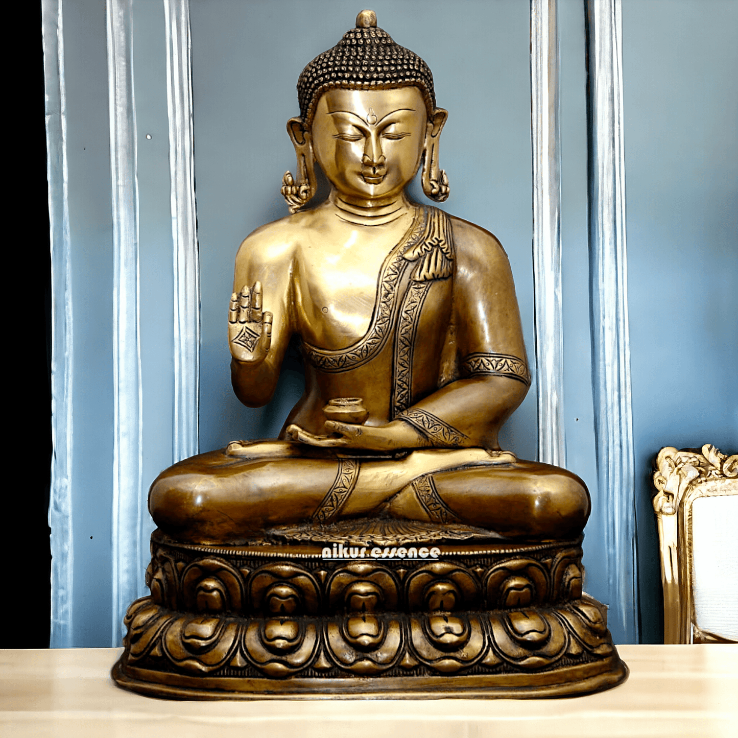 Buy Buddha Statue in brass ,Vitarka Mudra Seated on Double Lotus Pedestal – Exquisite Handcrafted Sculpture for Meditation Nikuressence
