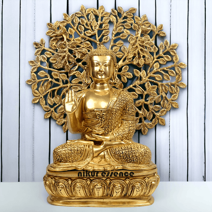 Brass Buddha Statue with Intricately Detailed Tree - nikuressence Nikuressence