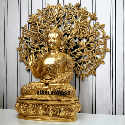 Brass Buddha Statue with Intricately Detailed Tree - nikuressence Nikuressence