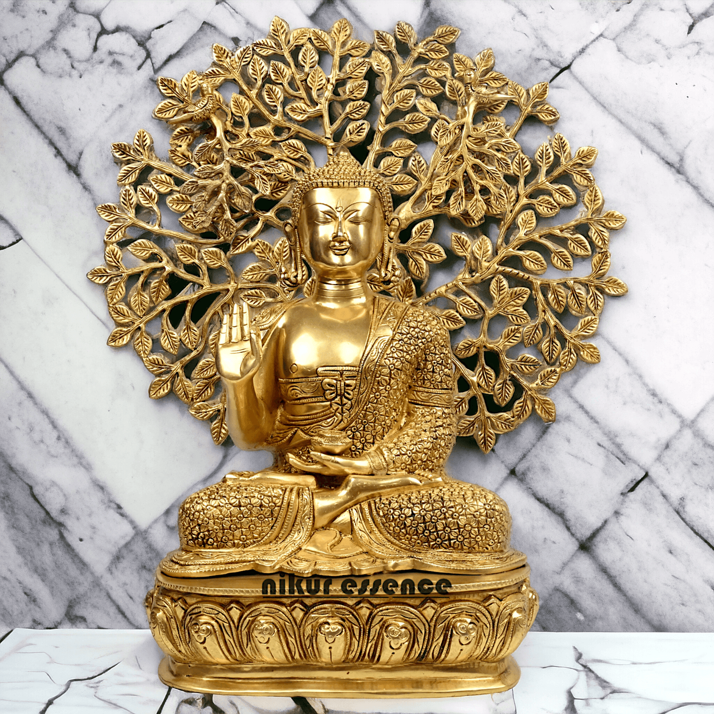 Brass Buddha Statue with Intricately Detailed Tree - nikuressence Nikuressence