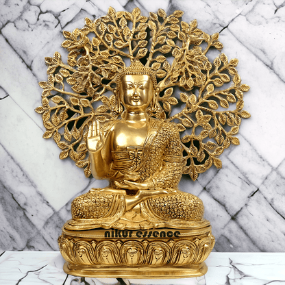 Brass Buddha Statue with Intricately Detailed Tree - nikuressence Nikuressence