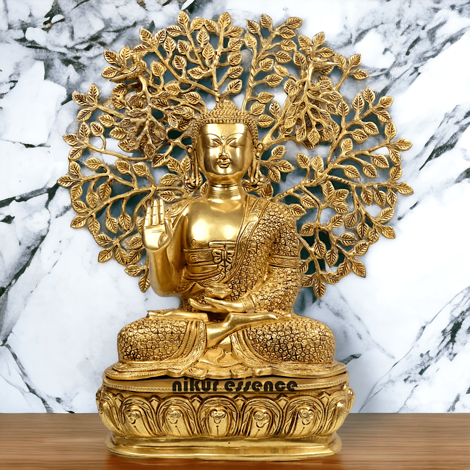 Brass Buddha Statue with Intricately Detailed Tree - nikuressence Nikuressence