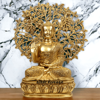 Brass Buddha Statue with Intricately Detailed Tree - nikuressence Nikuressence