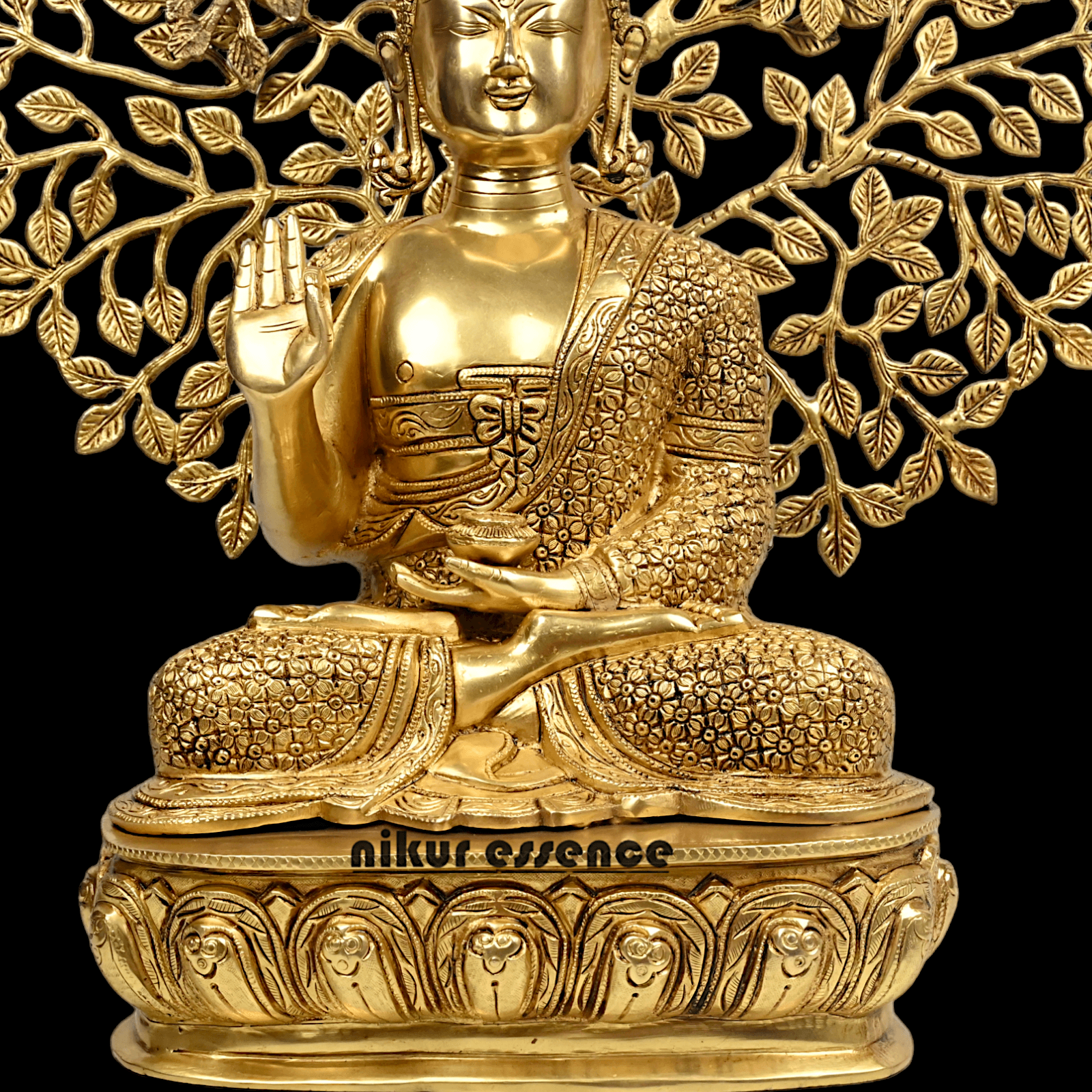 Brass Buddha Statue with Intricately Detailed Tree - nikuressence Nikuressence