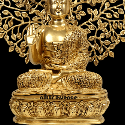 Brass Buddha Statue with Intricately Detailed Tree - nikuressence Nikuressence
